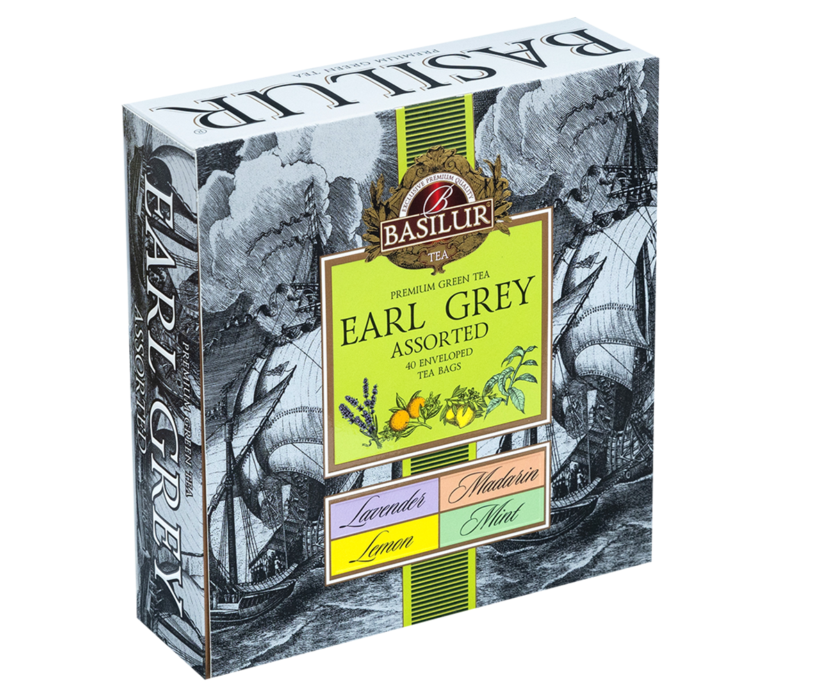 Opakowanie Basilur Earl Grey Assorted z widoczną ilustracją statków