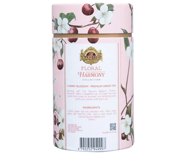 Herbata Basilur Cherry Blossom w eleganckiej różowej tubie z motywem kwitnących wiśni.