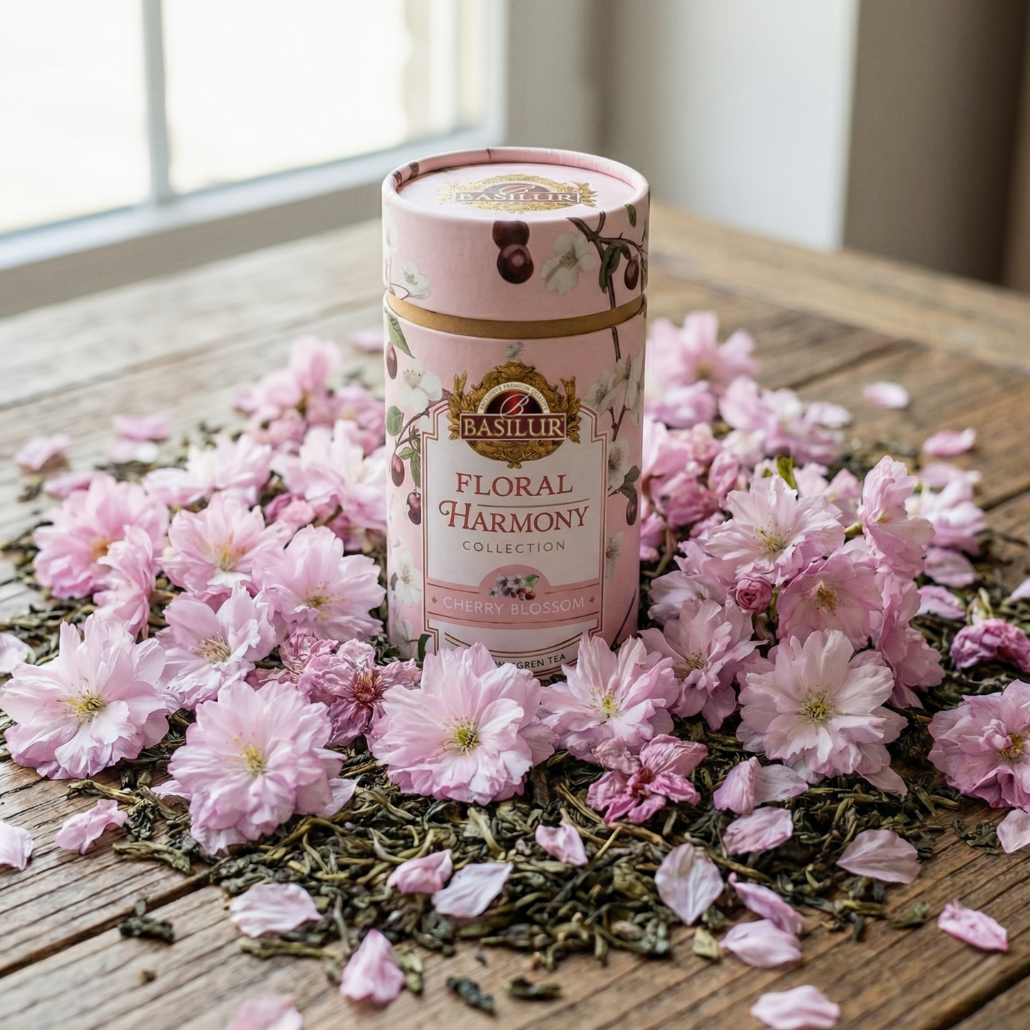 Różowa puszka herbaty Basilur Floral Harmony Cherry Blossom wśród kwiatów wiśni na drewnianym stole.