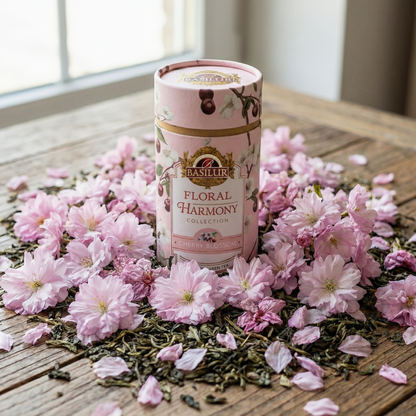 Różowa puszka herbaty Basilur Floral Harmony Cherry Blossom wśród kwiatów wiśni na drewnianym stole.
