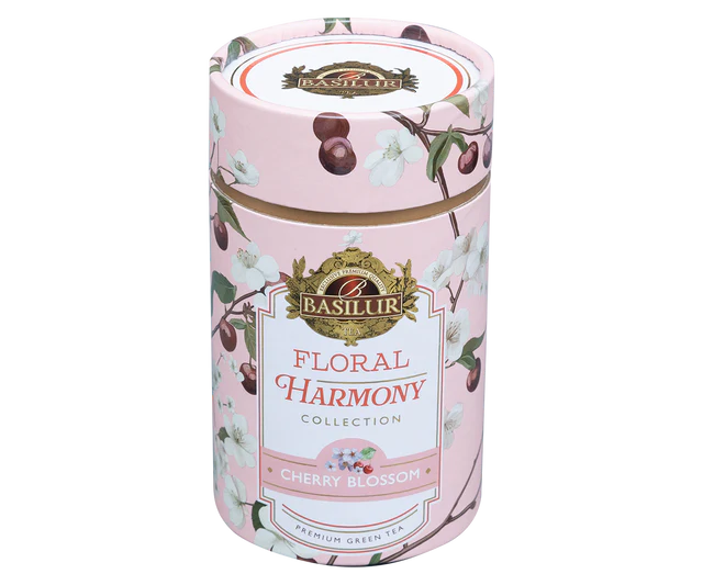 Tył opakowania Basilur Cherry Blossom z opisem i listą składników.