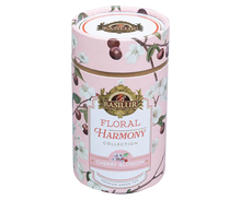 Tył opakowania Basilur Cherry Blossom z opisem i listą składników.