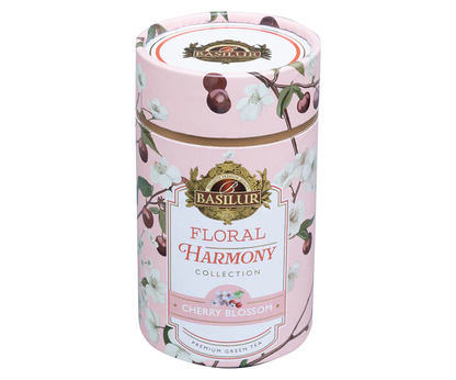 Tył opakowania Basilur Cherry Blossom z opisem i listą składników.