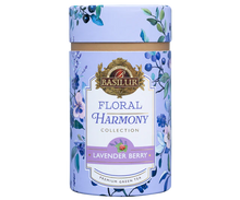 Herbata Basilur Lavender Berry w ozdobnej fioletowej tubie z motywem kwiatów i jagód.