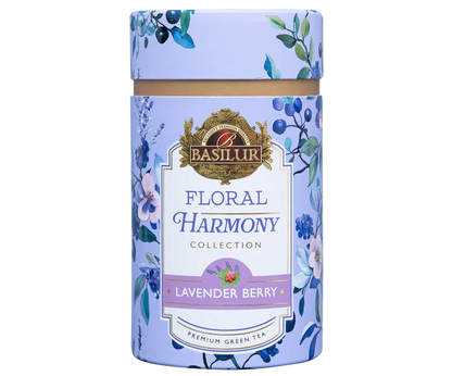 Herbata Basilur Lavender Berry w ozdobnej fioletowej tubie z motywem kwiatów i jagód.