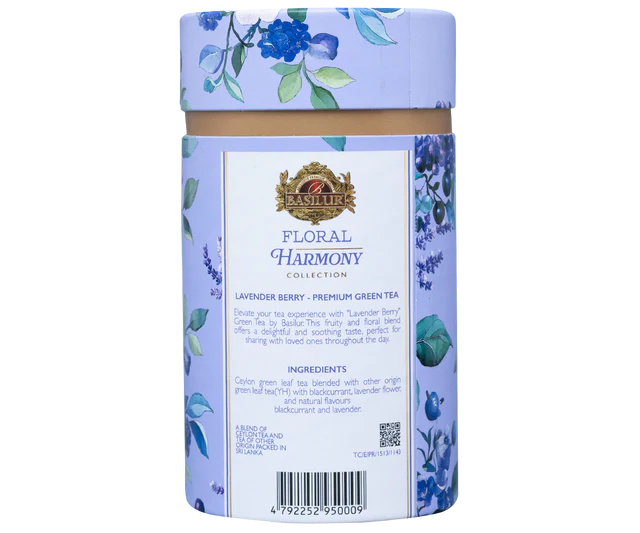 Tył opakowania Basilur Lavender Berry z opisem i listą składników.