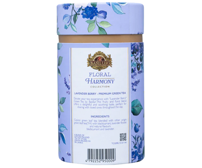 Tył opakowania Basilur Lavender Berry z opisem i listą składników.