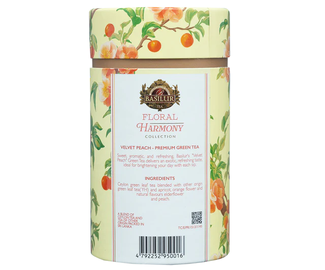 Tył opakowania Basilur Velvet Peach z opisem i składem herbaty.