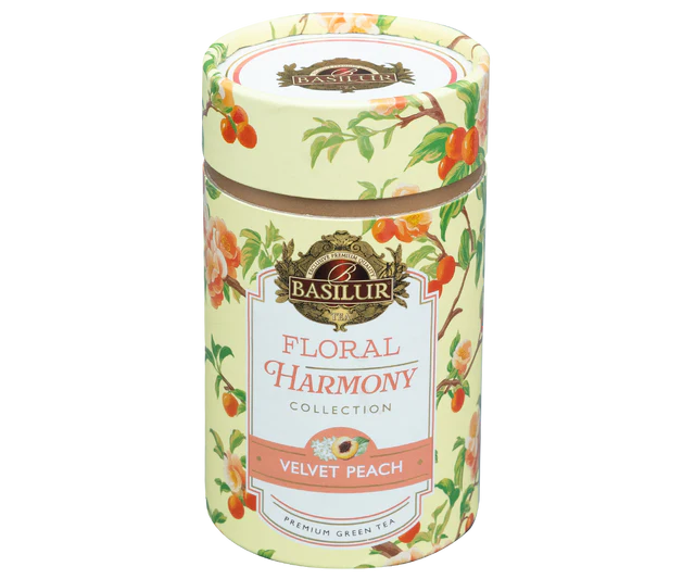 Puszka Basilur Velvet Peach z kolekcji Floral Harmony – zielona herbata z brzoskwinią.