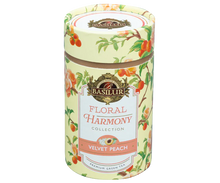 Puszka Basilur Velvet Peach z kolekcji Floral Harmony – zielona herbata z brzoskwinią.