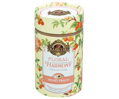 Puszka Basilur Velvet Peach z kolekcji Floral Harmony – zielona herbata z brzoskwinią.
