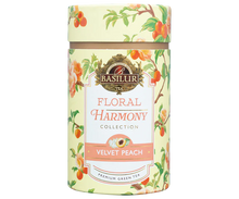 Elegancka tuba Basilur Velvet Peach – zielona herbata o owocowym aromacie.