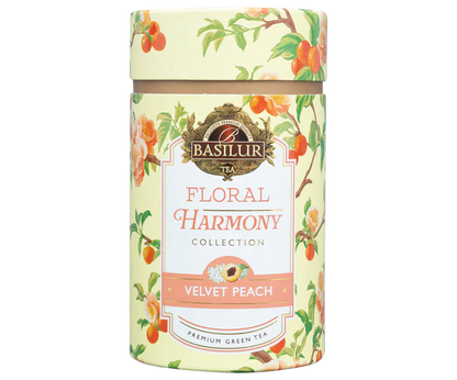 Elegancka tuba Basilur Velvet Peach – zielona herbata o owocowym aromacie.