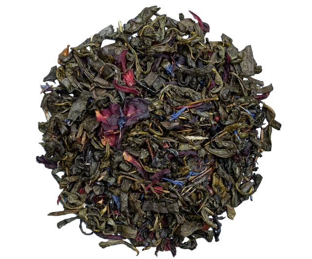 Liściasta zielona herbata Basilur Rosy Orange z dodatkiem płatków kwiatów i nutą pomarańczy
