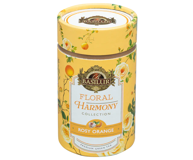 Zbliżenie opakowania Basilur Rosy Orange premium zielona herbata o kwiatowo cytrusowym aromacie
