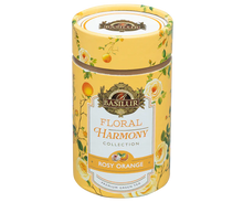 Zbliżenie opakowania Basilur Rosy Orange premium zielona herbata o kwiatowo cytrusowym aromacie
