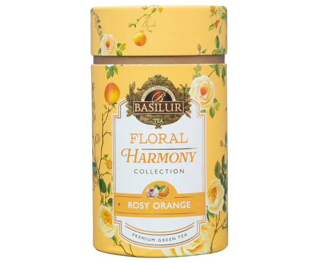 Widok tuby Basilur Rosy Orange zielona herbata z kwiatami i naturalnym aromatem