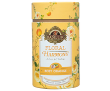 Widok tuby Basilur Rosy Orange zielona herbata z kwiatami i naturalnym aromatem