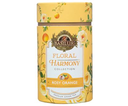 Widok tuby Basilur Rosy Orange zielona herbata z kwiatami i naturalnym aromatem