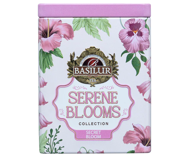 Puszka Basilur Secret Bloom w pastelowej oprawie z kwiatowym motywem prezentowana od przodu.
