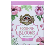 Puszka Basilur Secret Bloom w pastelowej oprawie z kwiatowym motywem prezentowana od przodu.
