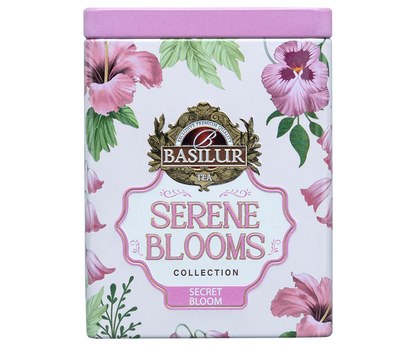 Puszka Basilur Secret Bloom w pastelowej oprawie z kwiatowym motywem prezentowana od przodu.
