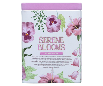 Tylna część puszki Basilur Secret Bloom z opisem kolekcji Serene Blooms i kwiatową grafiką.
