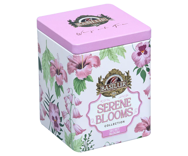 Basilur Secret Bloom puszka kwiatowa prezentowana pod lekkim kątem.
