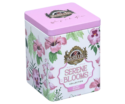 Basilur Secret Bloom puszka kwiatowa prezentowana pod lekkim kątem.
