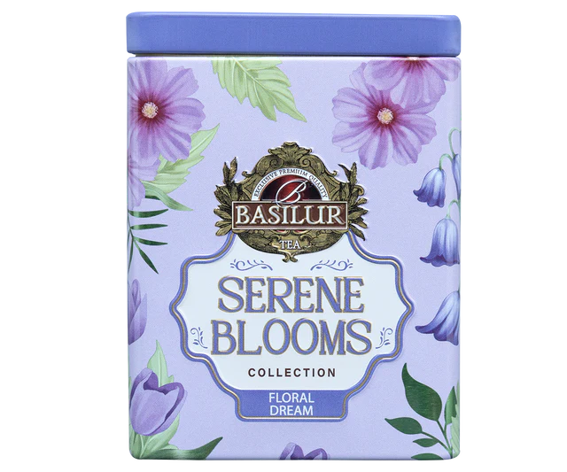 Puszka herbaty Basilur Floral Dream w fioletowej oprawie z kwiatami
