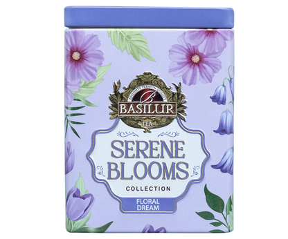 Puszka herbaty Basilur Floral Dream w fioletowej oprawie z kwiatami
