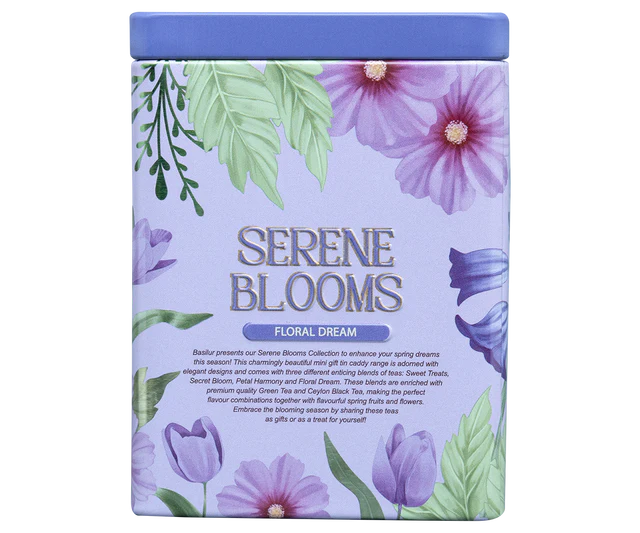 Tylna strona puszki Basilur Floral Dream z opisem kolekcji Serene Blooms i grafiką
