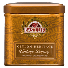 Herbata czarna Basilur Vintage Legacy 50 g, front ozdobnej złotej puszki
