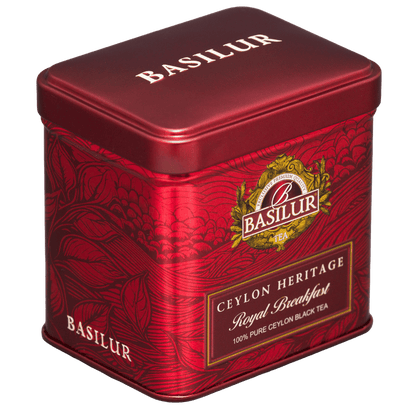 Herbata czarna Basilur Royal Breakfast w eleganckiej czerwonej metalowej puszce Ceylon Heritage