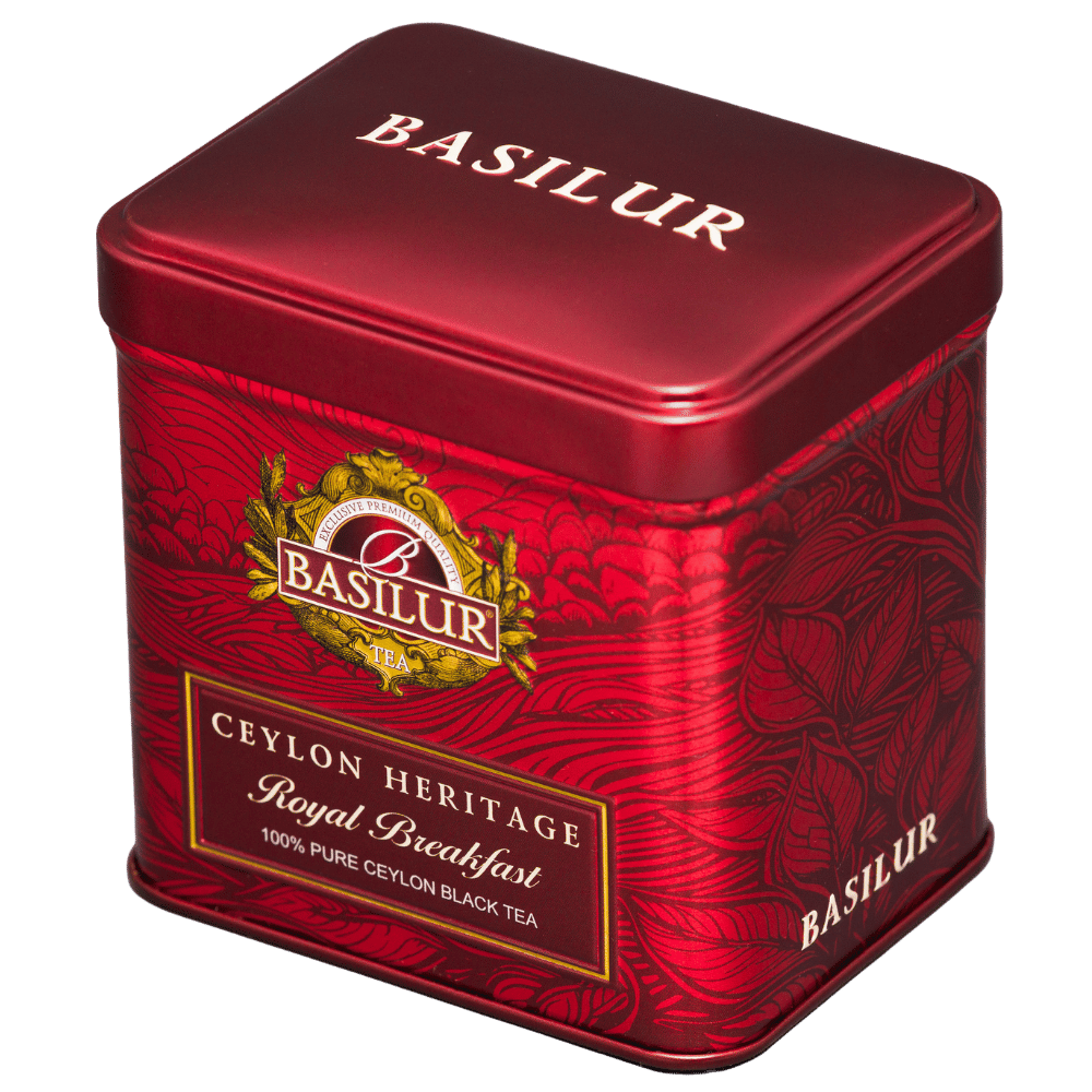 Herbata liściasta Basilur Royal Breakfast w czerwonej puszce widocznej pod kątem