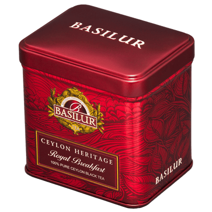 Herbata liściasta Basilur Royal Breakfast w czerwonej puszce widocznej pod kątem
