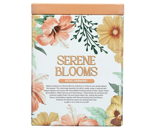 Herbata Basilur Petal Harmony w ozdobnej kwiatowej puszce – kolekcja Serene Blooms.