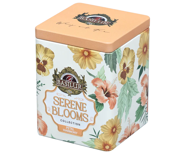 Puszka herbaty Basilur Serene Blooms Petal Harmony z kwiatowym motywem.