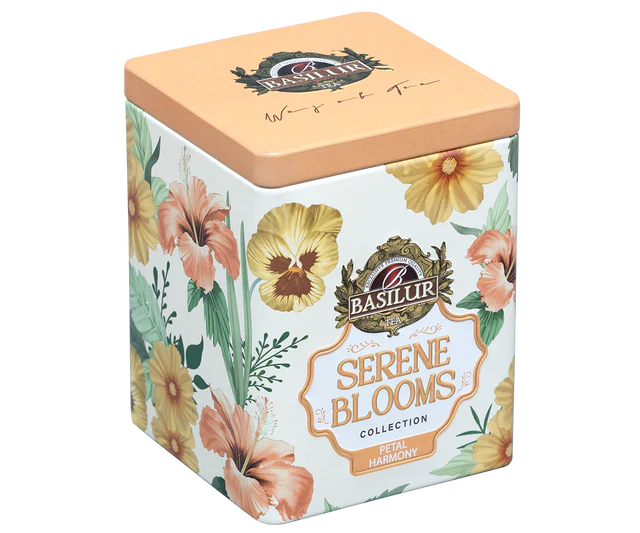 Elegancka puszka herbaty Basilur Petal Harmony z serii Serene Blooms.