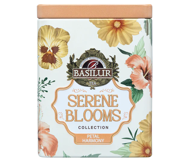 Opakowanie herbaty Basilur Petal Harmony z kwiatowym nadrukiem i złotymi detalami.