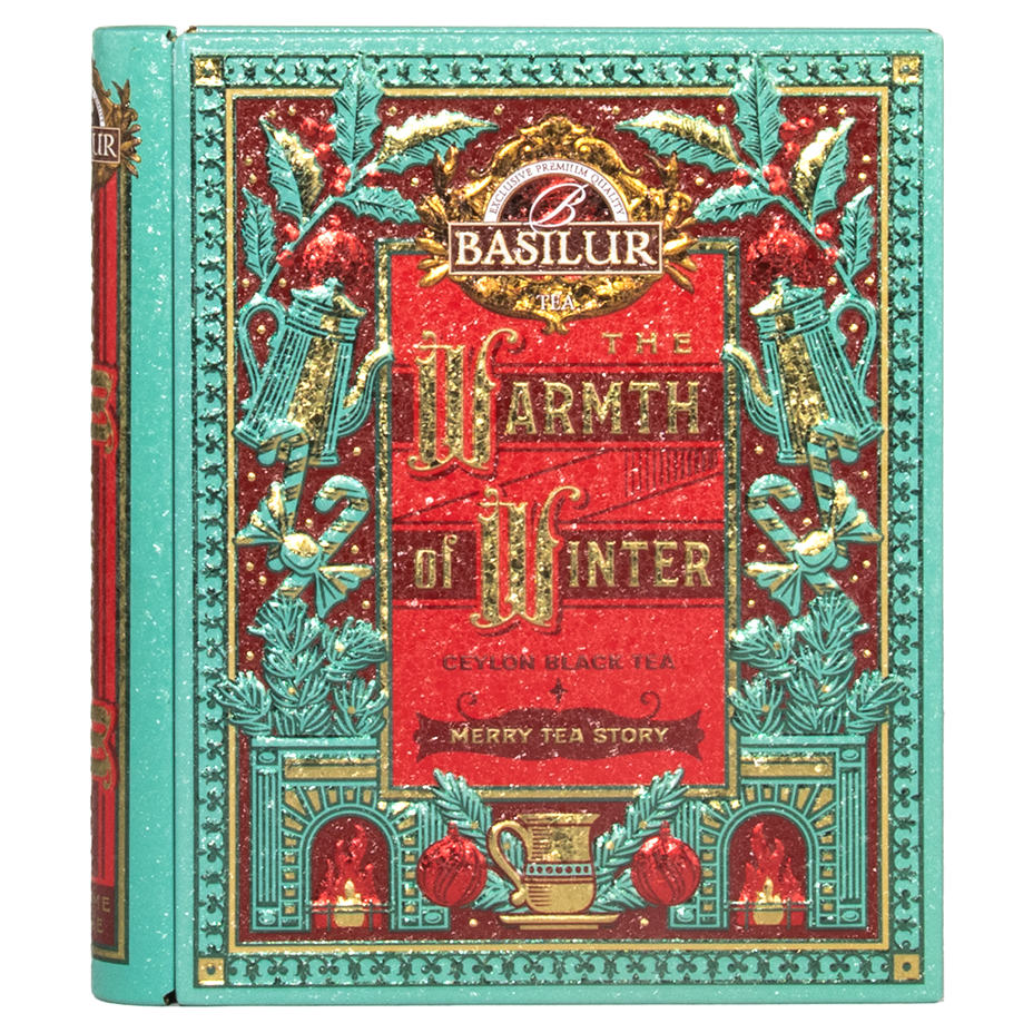 Przód puszki Basilur Warmth of Winter vol. I z czerwono-złotym zdobieniem i logo Basilur.