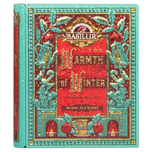 Przód puszki Basilur Warmth of Winter vol. I z czerwono-złotym zdobieniem i logo Basilur.