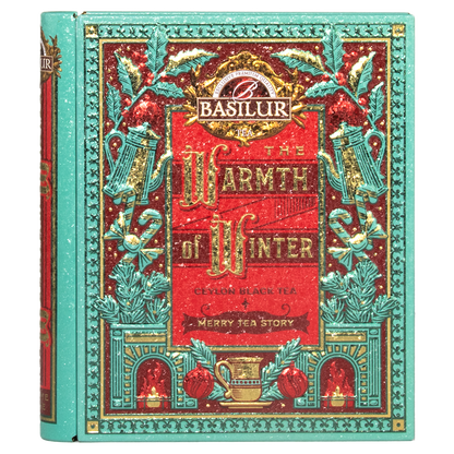 Przód puszki Basilur Warmth of Winter vol. I z czerwono-złotym zdobieniem i logo Basilur.