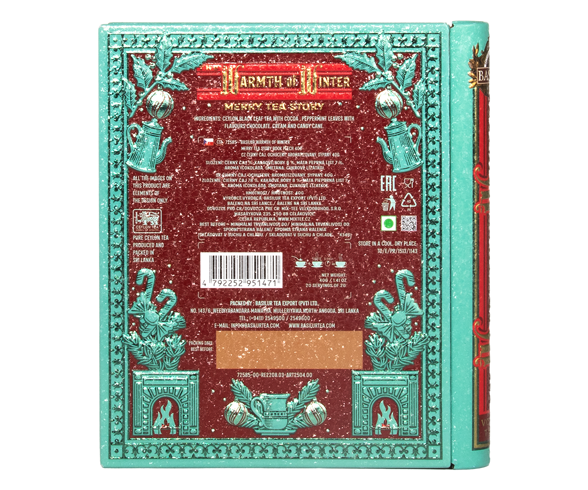 Tył puszki Basilur Warmth of Winter vol. I z opisem herbaty i składem.