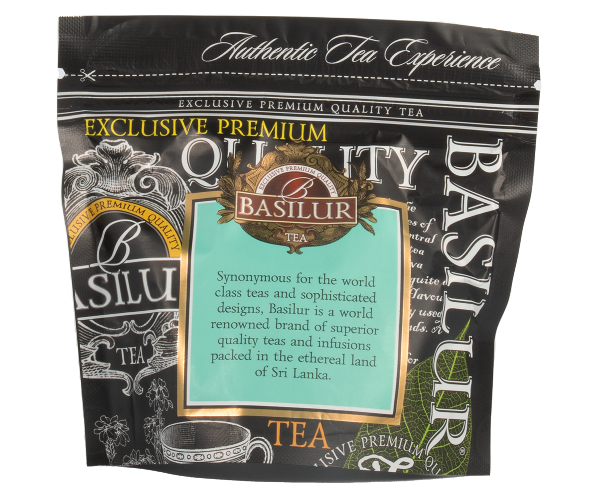 Torebka herbaty Basilur Warmth of Winter vol. I z napisem Exclusive Premium Quality Tea.