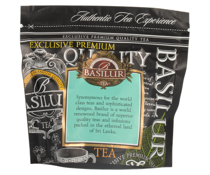 Torebka herbaty Basilur Warmth of Winter vol. I z napisem Exclusive Premium Quality Tea.