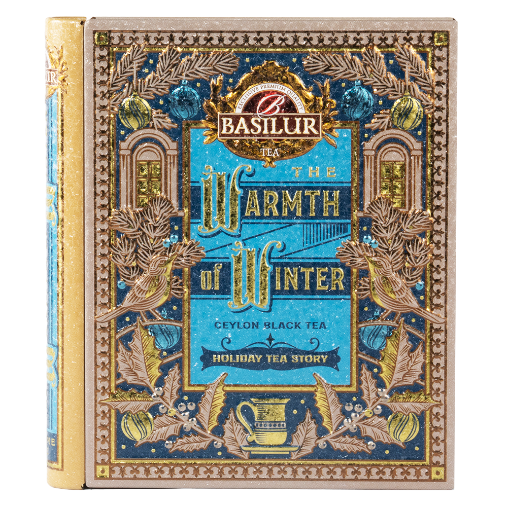 Puszka herbaty Basilur w formie książki z ozdobną zimową grafiką na okładce