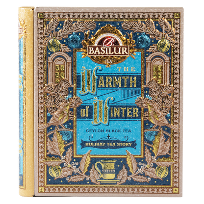 Puszka herbaty Basilur w formie książki z ozdobną zimową grafiką na okładce