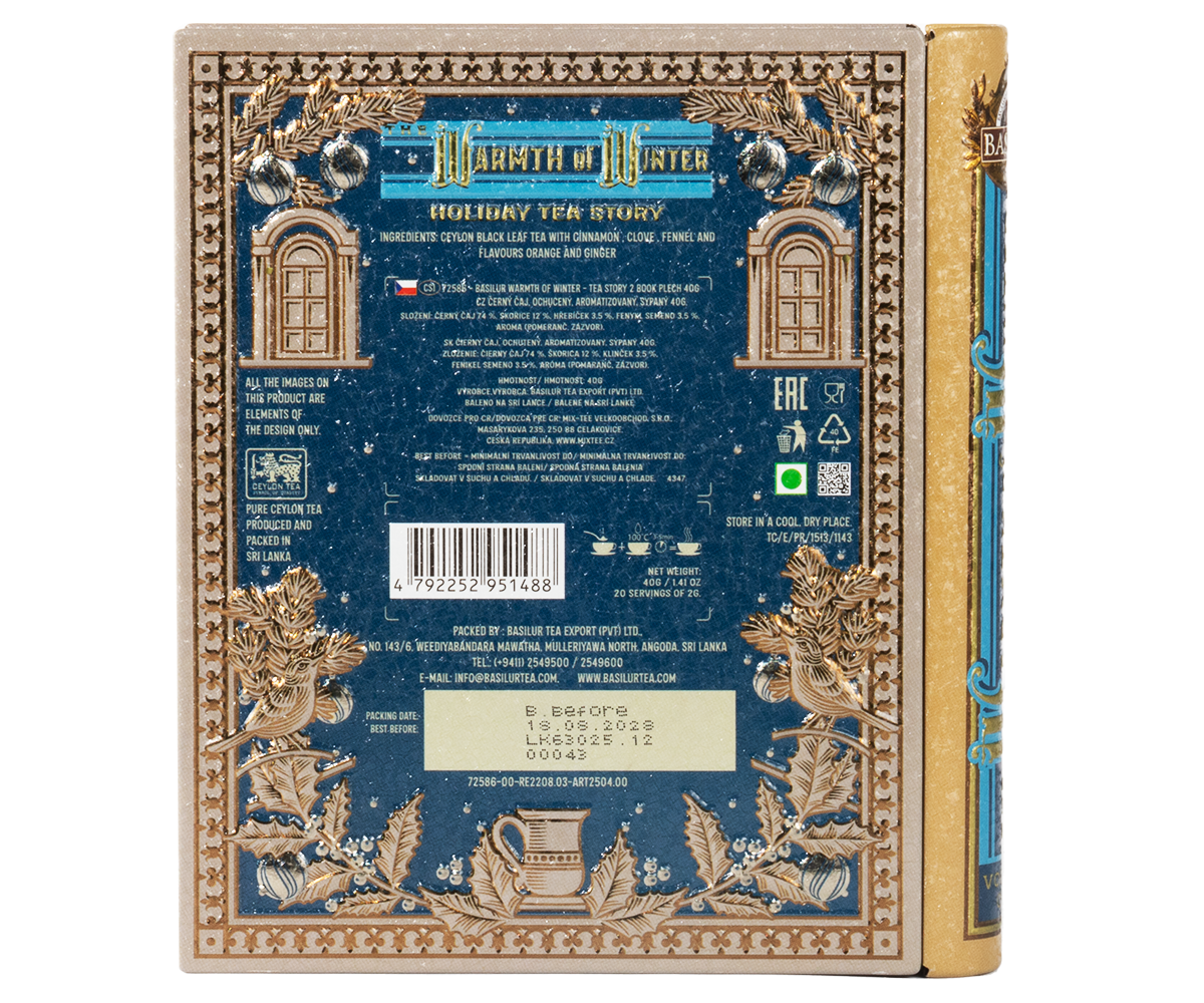 Tylna strona ozdobnej puszki Basilur z detalami graficznymi i informacjami o herbacie