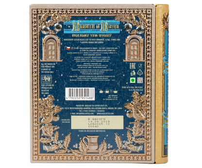 Tylna strona ozdobnej puszki Basilur z detalami graficznymi i informacjami o herbacie